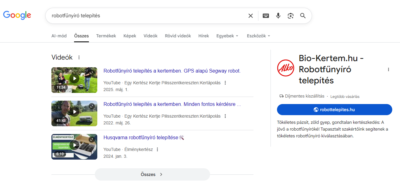 Google AI ajánlás Google AI ajánlás a robotfűnyíró oldalra a találati listában
