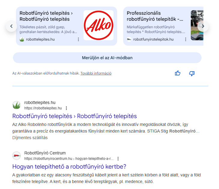 Google AI Mód és első helyezés Google AI Mód és első helyezés a robotfűnyíró kulcsszóra