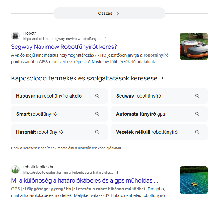 GPS robotfűnyíró, második hely GPS robotfűnyíró kulcsszó második helyezése a Google találati listájában